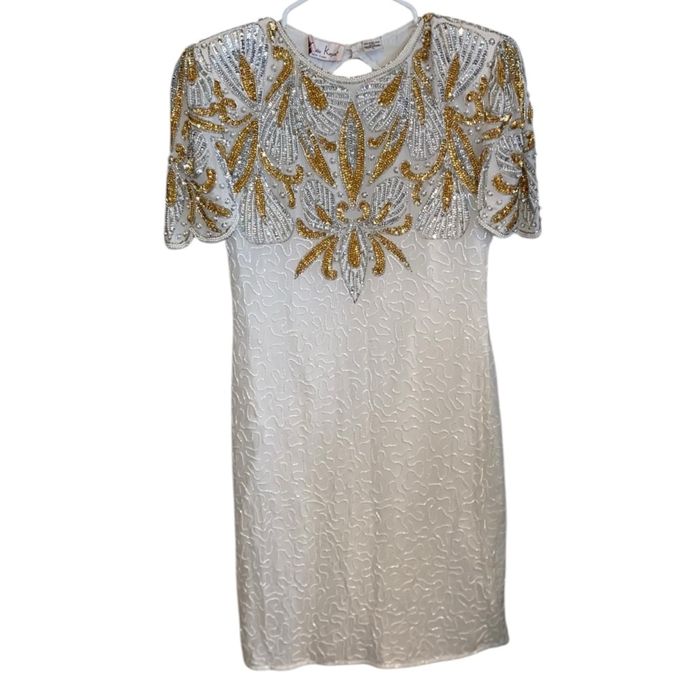 Laurence Kazar White and Gold Embellished Dress